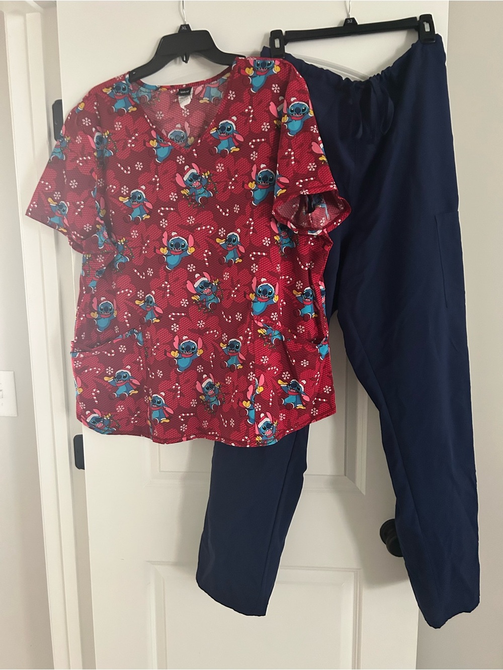 Scrubstar Holidsy Red Stitch Print Scrub Top with Navy Pants